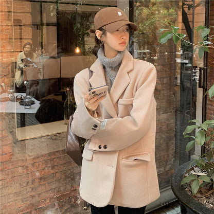 jinran Autumn Warm Wool Tailored Coats Women Loose Apricot Solid Suit Jackets Patchwork Long Sleeves Outwear Korean Fashion New