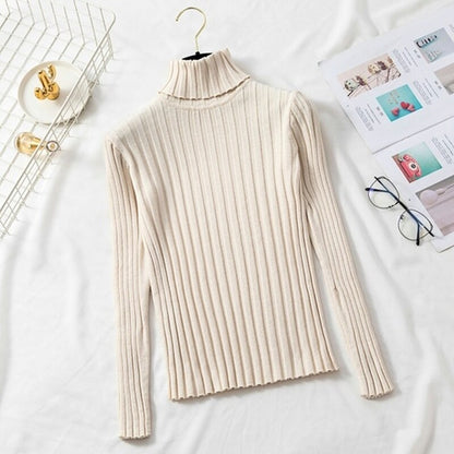 jinran Autumn Winter Jumper Turtleneck Sweater Knitted New Green Women Sweater Pullover Long Sleeve Slim Striped Vintage Sweaters 16220