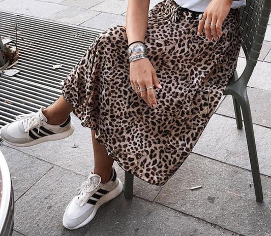 jinran Vintage Leopard Print Pleated Skirts Women Punk Rock Korean Skirt Streetwear Drawstring Elastic Waist Ladies Midi Skirt New