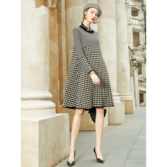 jinran Women Black Bird Lattice Midi Dress Autumn Winter Thick Warm Korean Vintage Casual Sweaters Elegant Bodycon Coat Sweaters