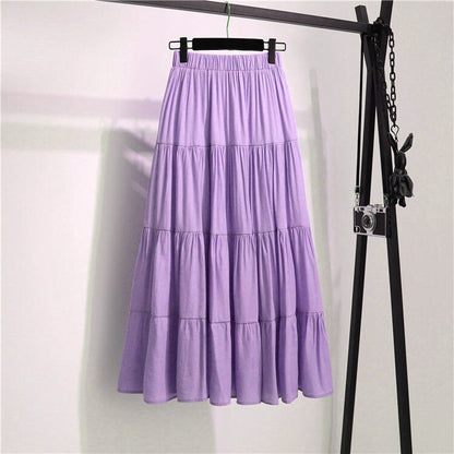jinran Summer Stitching Cotton and Linen Skirt Elegant Elastic High Waist Ruffles Pleated All-match A Line Skirt Casual Beach Holiday