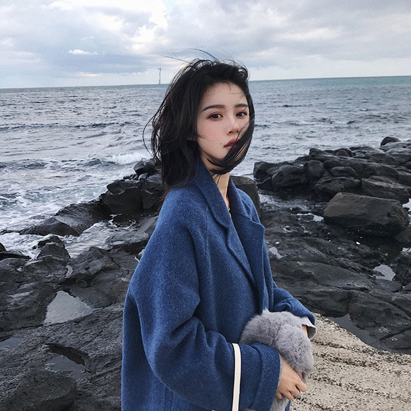 jinran 2022 Autumn Winter New Women Loose Woolen Coat Korean Lady Graceful Blue Pocket Button Long Windbreaker Student Causal Outerwear