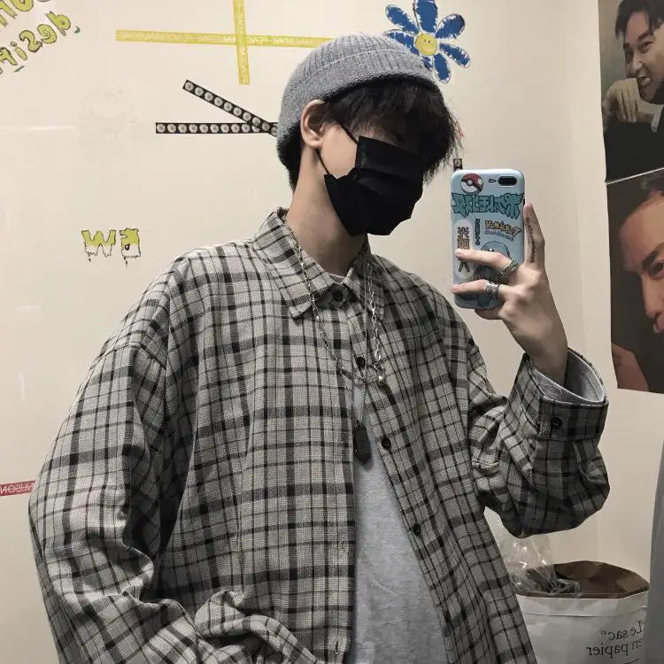 HIP HOP Korean ins versatile Plaid loose oversize long sleeve shirt for men and camisa masculina gray shirts