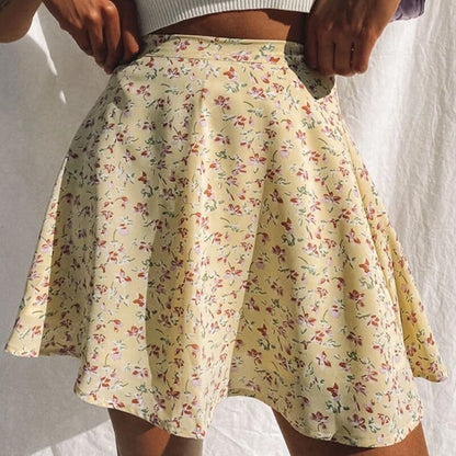 jinran Women Boho Floral Print High-waisted Skirt Casual Harajuku Mini Chiffon Skirts Beach Holiday Slim A Line Skirt Summer Light