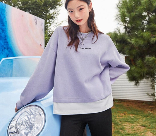 jinran Sweatshirt Women Fake Two-Piece Contrast Tops 2021 Winter New Oversize Embroidery Letters Simple And Versatile