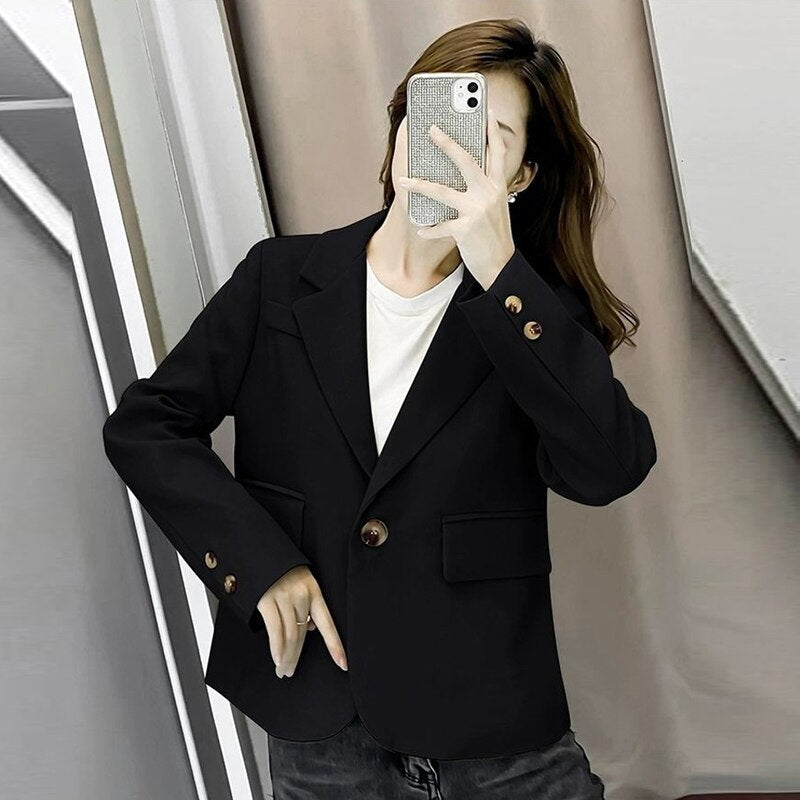 jinran Autumn Simple Elegant Black Blazer Women  Loose Suit Jackets Causal Tailored Coat Korean Fashion Lady Office Outwear New