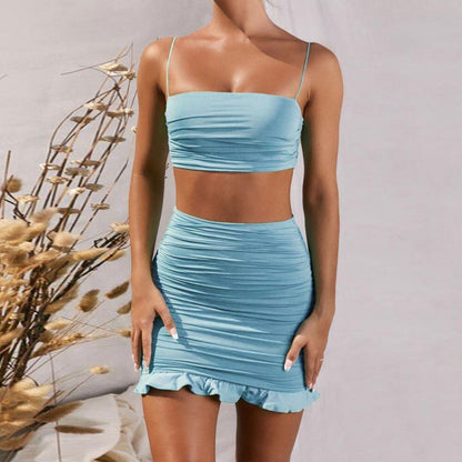 jinran Women Summer Sexy Backless Strapless Pleated Tank Top And High Waist Skim Ruffles Two Piece Sets Solid Party Club