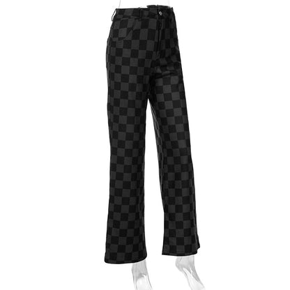 jinran Plaid Checkerboard Print Women High Waist Wide Leg Jeans Straight Pants Loose Casual Streetwear 2021 Summer Trousers