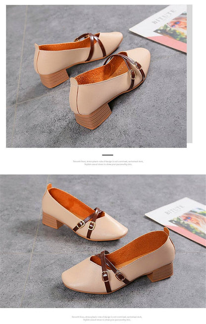 jinran Casual Women Shoes 2022 New Fashion Belt Buckle Shallow Woman Pumps Square Toe Soft Leather Med Heels Work Ladies Pregnant Shoes