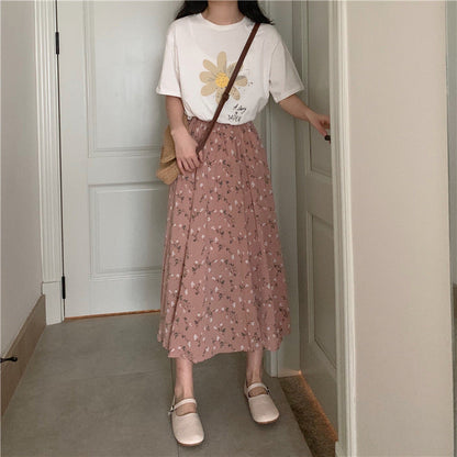jinran Vintage Floral Print A-line Pleated Long Skirts Summer Women Korean Harajuku Skirt Streetwear Boho Elastic Waist Midi Skirt 2021