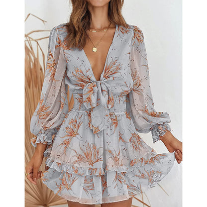 jinran Seawefit 2024 Print Chiffon Dress Ruffle Long Sleeves Mini Dresses Women Belt String Outfits Female Shirring Elegant Floral Robe