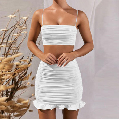 jinran Women Summer Sexy Backless Strapless Pleated Tank Top And High Waist Skim Ruffles Two Piece Sets Solid Party Club