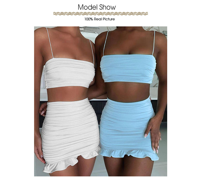 jinran Women Summer Sexy Backless Strapless Pleated Tank Top And High Waist Skim Ruffles Two Piece Sets Solid Party Club