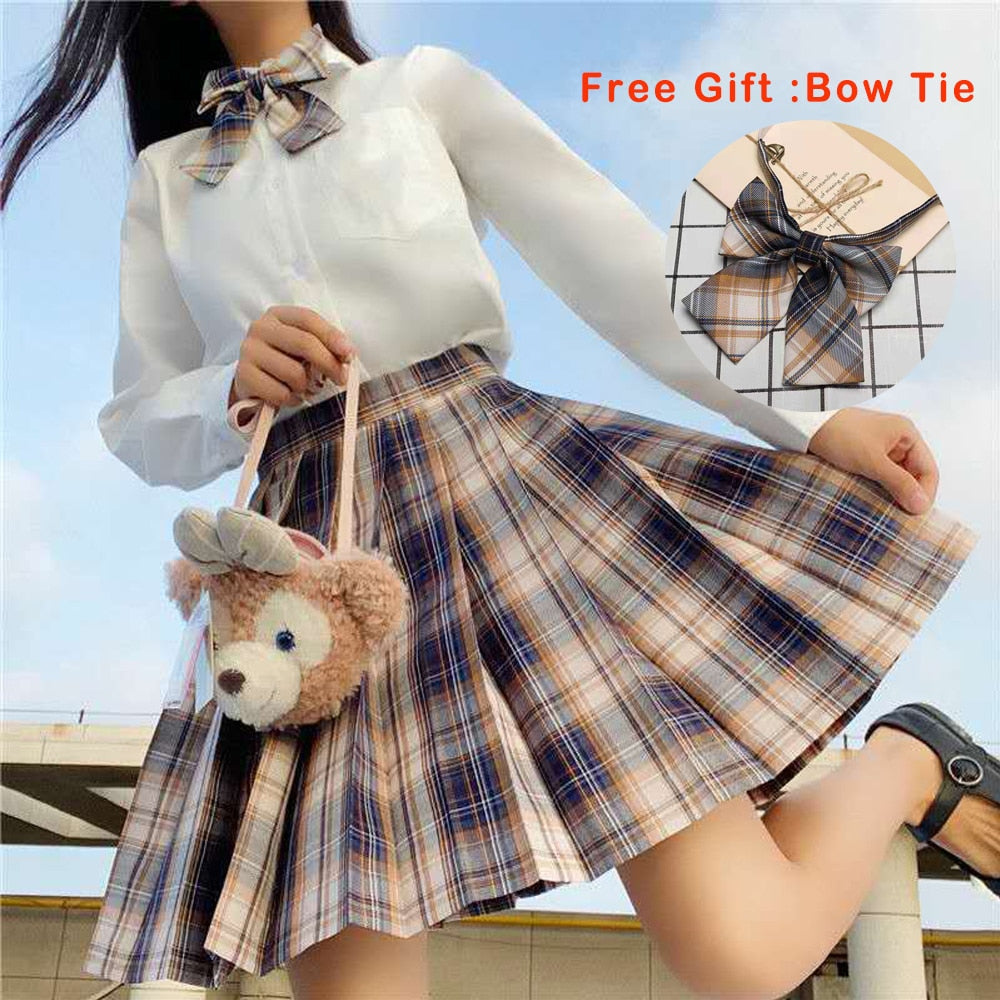 jinran Pleated Harajuku Preppy Style Summer Women Skirt Plaid Kawaii Y2K High Waist Dance Bow Skirt Mini Cute Japanese School Uniforms