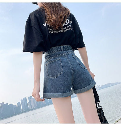 jinran Summer New Women Adjustable Waist Slim Short Jeans Lady High Street Wide Leg Short Pants Female High Waist A-Line Shorts