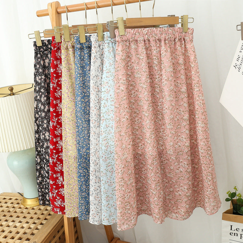 jinran Summer Long Skirts for Women Boho Elegant Floral Print Pleated A Line Skirt Korean Harajuku Chic Simple Midi Chiffon Skirts