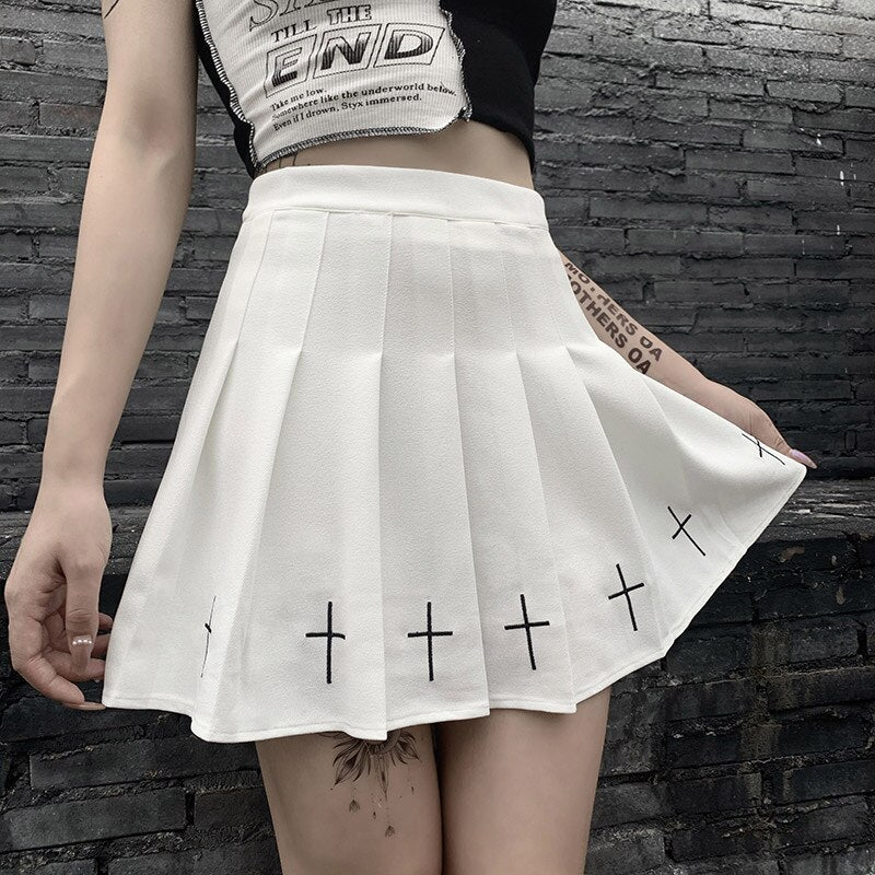 jinran Dark Goth Skirt Women Summer High Waist Harajuku Pleated Mini Skirts Vintage Gothic Punk White Black Skirts Korean A-line Skirts