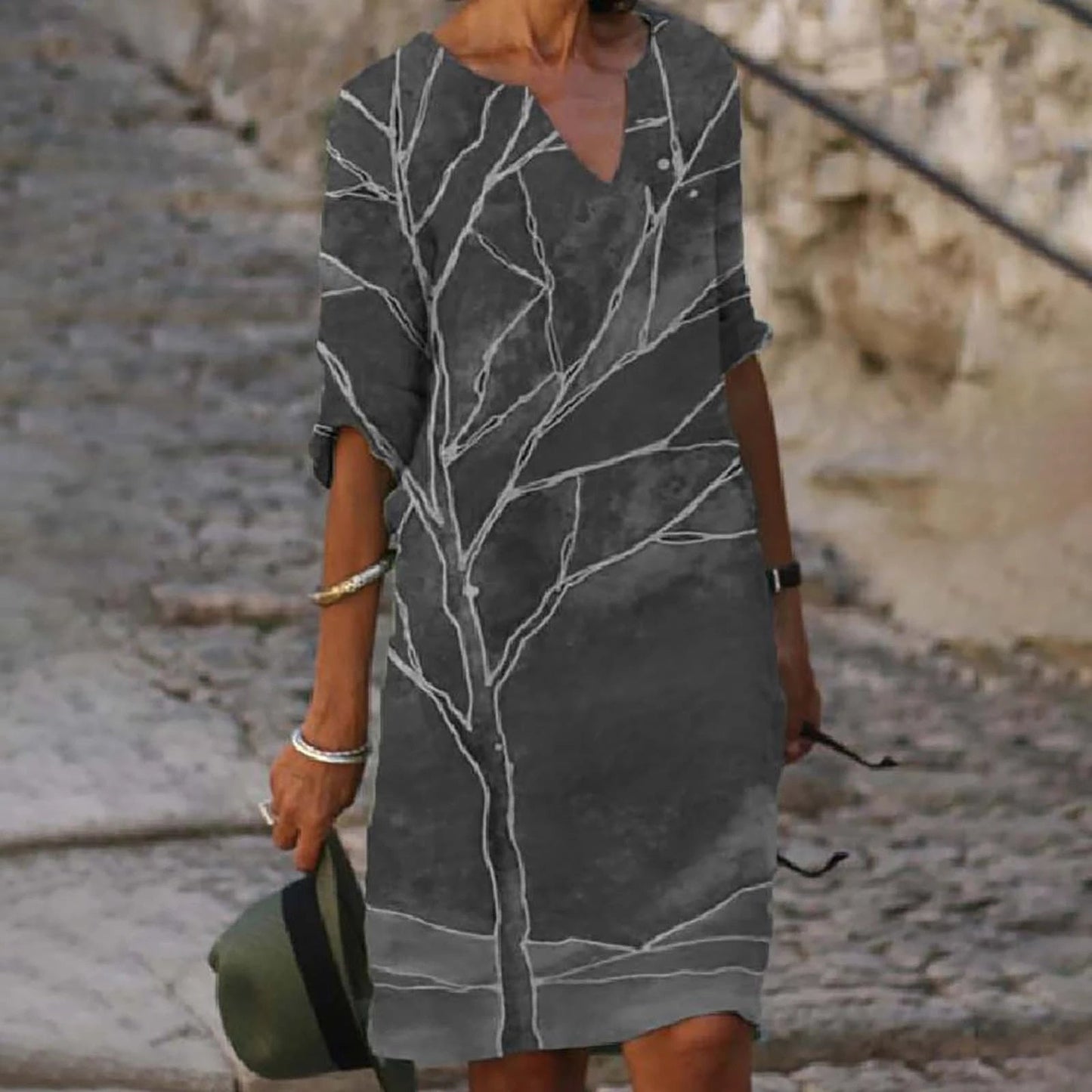 jinran Women Elegant Dress Summer Fashion Loose V-Neck Half Sleeve A-Line Dress Sundress Female Vintage Print Midi Dresses Vestidos