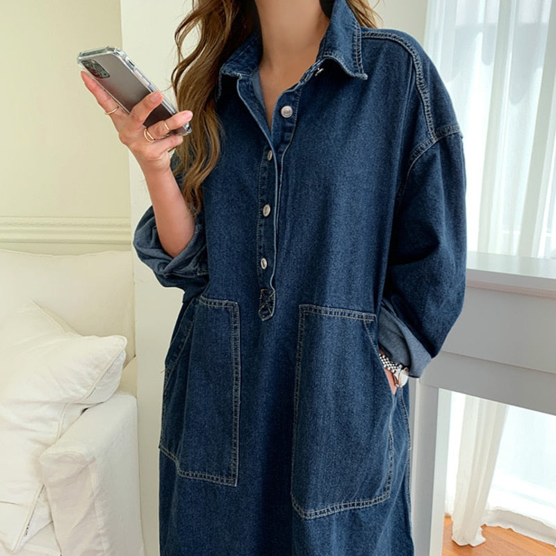 jinran Women's Autumn Long Sleeve Denim Shirt Dress Za Button Pocket Jeans Casual Loose Femme Streetwear Cowboy Midi Robe Dresses