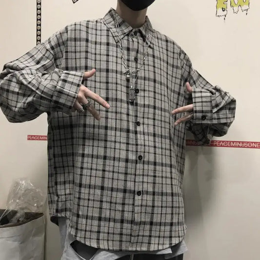 HIP HOP Korean ins versatile Plaid loose oversize long sleeve shirt for men and camisa masculina gray shirts