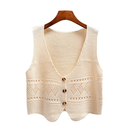 jinran 2024 Korean Fashion V Neck Loose Sleeveless Sweater Vest Women Knitted Hollow Out Single Breasted Short Cardigan Female Kniwear