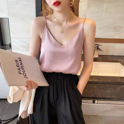 jinran 2022 Spaghetti Strap Top Women Halter V Neck Basic White Cami Sleeveless Satin Silk Tank Tops Women'S Summer Camisole