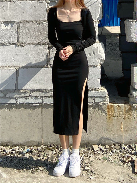 jinran Women Long Sleeve Dress Mid-calf Length Square Collar Black Sheath Retro Slim Sexy Vintage Side Slit Stretchy All-match Simple