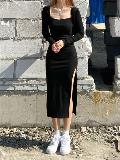 jinran Women Long Sleeve Dress Mid-calf Length Square Collar Black Sheath Retro Slim Sexy Vintage Side Slit Stretchy All-match Simple