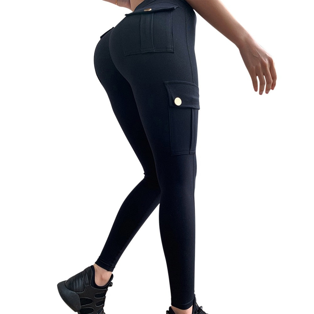 jinran New Women Leggings Withe Pocket Solid High Waist Push Up Polyester Workout Leggings Cargo Pants Casual Hip Pop Pants Fitness