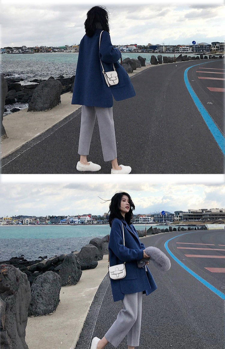 jinran 2022 Autumn Winter New Women Loose Woolen Coat Korean Lady Graceful Blue Pocket Button Long Windbreaker Student Causal Outerwear