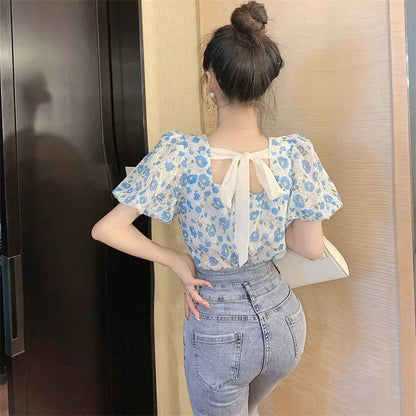 jinran French Square Collar Floral Chic Blouses Women 2021 Summer Korean Party Backless Design Puff Sleeve Tops Bandage Vintage Clothes