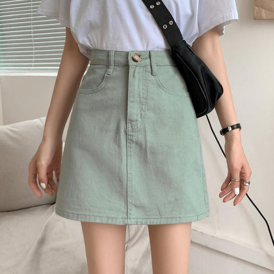 jinran Women Casual Denim Skirt Summer High Waist Korean Harajuku A Line Skirts Elegant Vintage Y2K Jeans Mini Skirt Preppy Style
