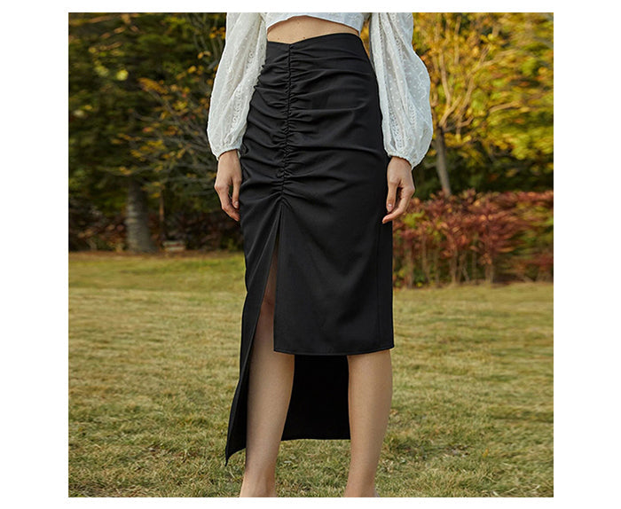 jinran 2022 Women Summer Pleated Irregular Elegant Sexy Casual Basic Skirt Zipper High Waist Solid Straight Office Lady