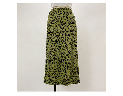 jinran Elegant Split Long Skirts Vintage Leopard Floral Print High Waist A Line Skirts Office Lady Casual Bodycon Midi Skirt