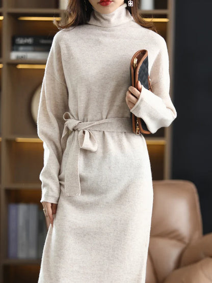 jinran  The new pullover 100% wool ladies dress solid color long-sleeved knitted fashion slim long high-neck cashmere dress sweater