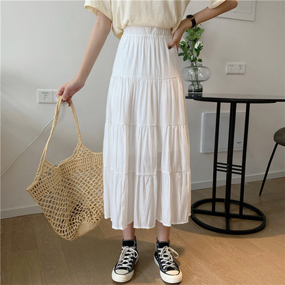 jinran Women High Waist Elegant Wild A Line Cake Skirts Summer Korean Solid White Black Chiffon Shirts Beach Vacation Midi Shirts