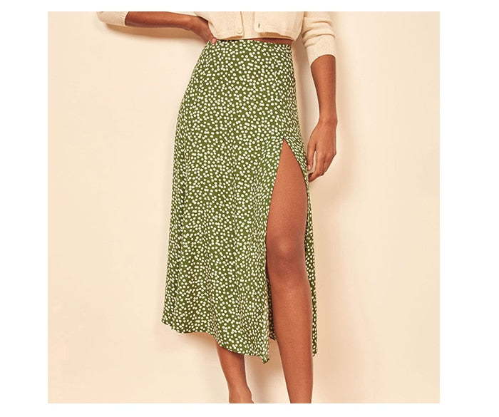 jinran Elegant Split Long Skirts Vintage Leopard Floral Print High Waist A Line Skirts Office Lady Casual Bodycon Midi Skirt