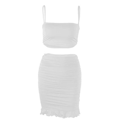 jinran Women Summer Sexy Backless Strapless Pleated Tank Top And High Waist Skim Ruffles Two Piece Sets Solid Party Club