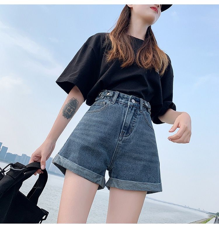 jinran Summer New Women Adjustable Waist Slim Short Jeans Lady High Street Wide Leg Short Pants Female High Waist A-Line Shorts