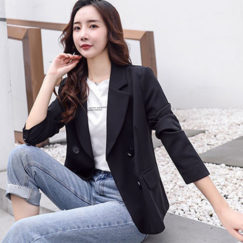 jinran Autumn Simple Elegant Blazer Women Black Loose Suit Jackets Causal Pink Tailored Coat Korean Fashion Lady Office Outwear New