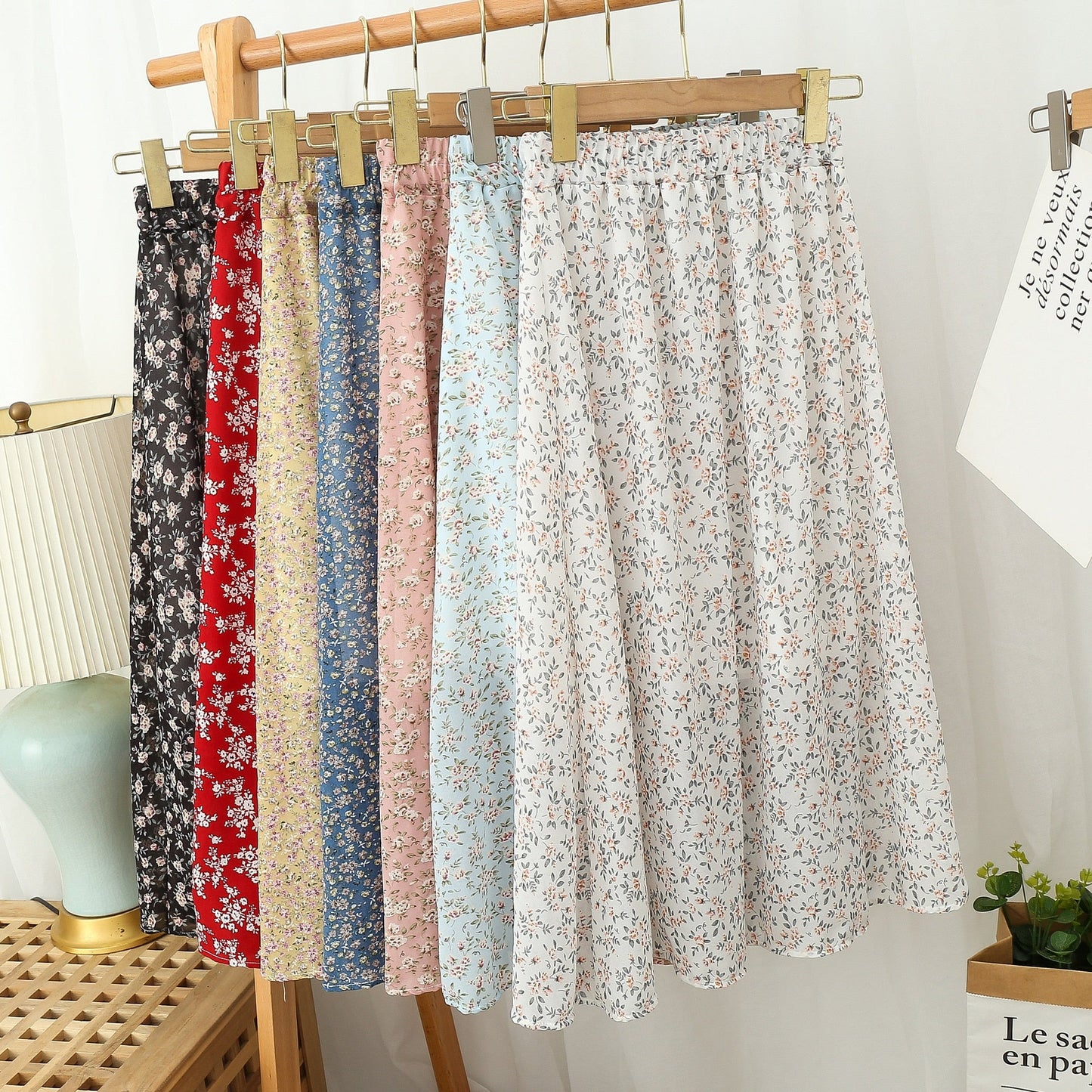 jinran Summer Long Skirts for Women Boho Elegant Floral Print Pleated A Line Skirt Korean Harajuku Chic Simple Midi Chiffon Skirts