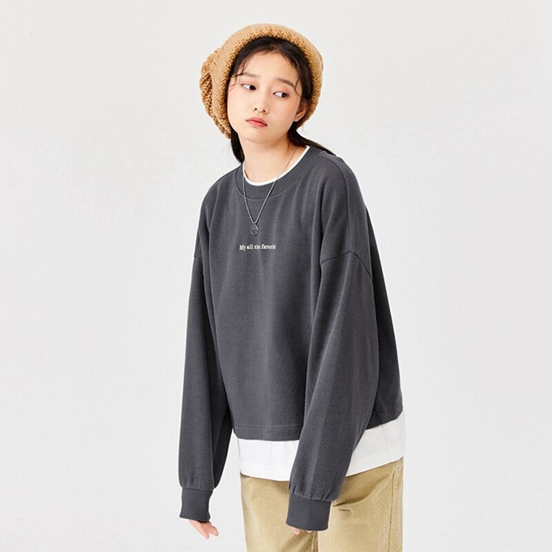 jinran Sweatshirt Women Fake Two-Piece Contrast Tops 2021 Winter New Oversize Embroidery Letters Simple And Versatile