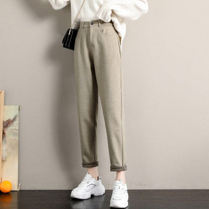 jinran New Fashion Korean Woolen Harlan Loose Daddy Pants Women'S 2022 Autumn And Winter Leisure High Waist Nine Point Radish Trousers