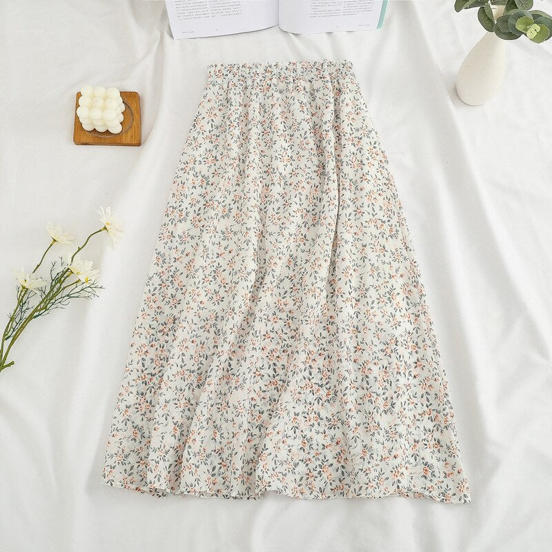 jinran Summer Long Skirts for Women Boho Elegant Floral Print Pleated A Line Skirt Korean Harajuku Chic Simple Midi Chiffon Skirts