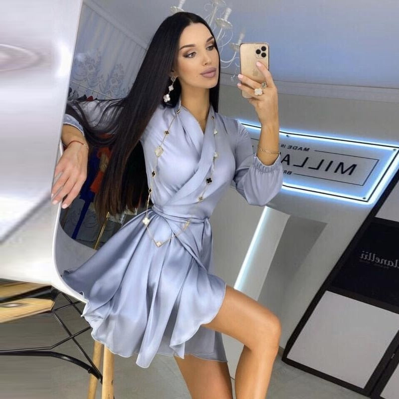 jinran Casual Lantern Sleeve Satin Bathrobe Dress Woman V-Neck High Waist Sashes A-Line Mini Dress One Piece Dress New