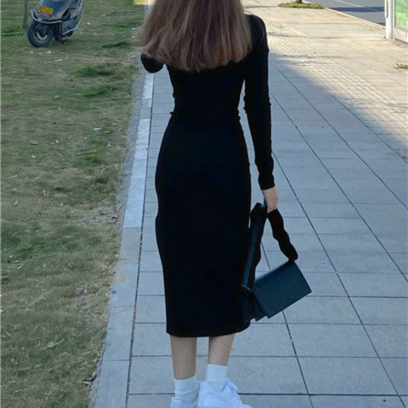 jinran Women Long Sleeve Dress Mid-calf Length Square Collar Black Sheath Retro Slim Sexy Vintage Side Slit Stretchy All-match Simple