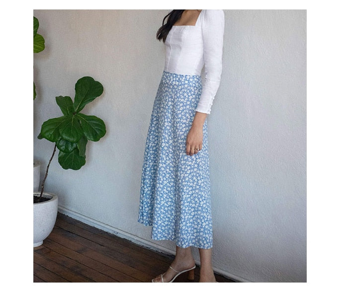 jinran Elegant Split Long Skirts Vintage Leopard Floral Print High Waist A Line Skirts Office Lady Casual Bodycon Midi Skirt