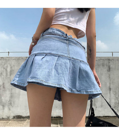 jinran Women High Waist Denim Skirt Women Summer Korean Harajuku Ruffles Jeans Skirt Shorts Punk Y2K Mini Pleated Skirt Streetwear