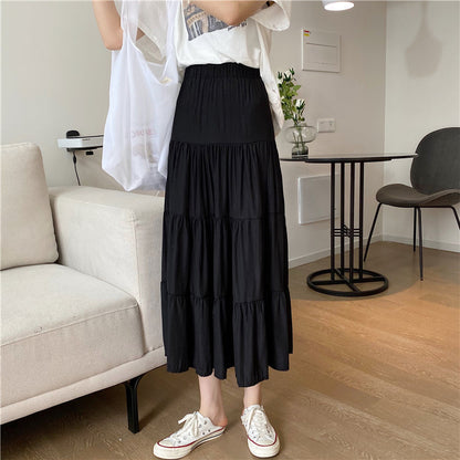 jinran Women High Waist Elegant Wild A Line Cake Skirts Summer Korean Solid White Black Chiffon Shirts Beach Vacation Midi Shirts