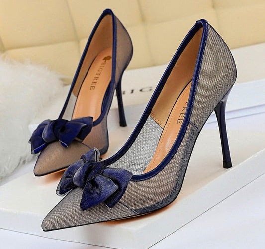 jinran Ladies Sexy Mesh Hollow Black Blue Shoes Women Pumps Fashion Bowknot High Heels Shoes Woman Pointed Toe thin Dress Party Shoes